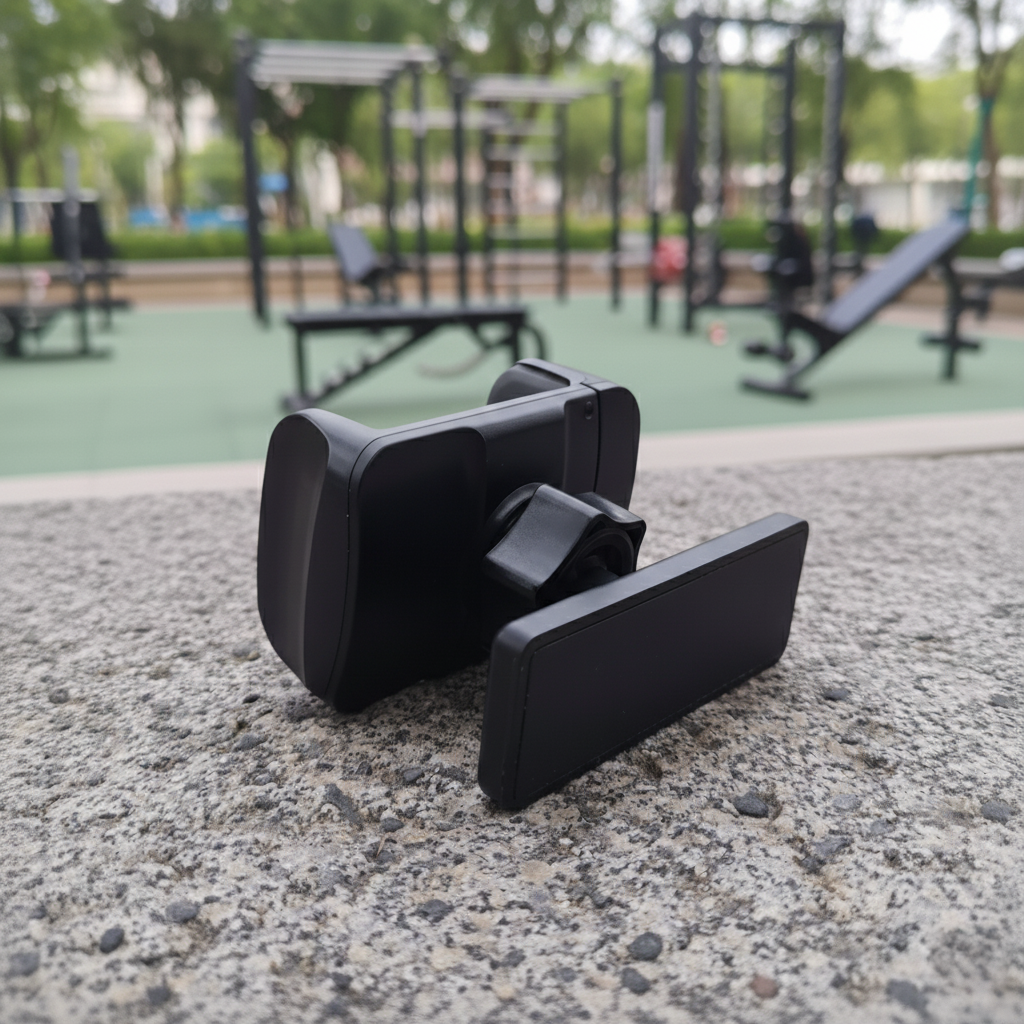 Black phone mount on a concrete surface with outdoor gym equipment in the background